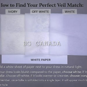 May include: Image showing how to find the perfect veil match. Three fabric swatches labeled Ivory, Off White, and White are displayed. Text advises holding a white paper next to the dress to determine the best veil color. The BG CANADA logo is visible.