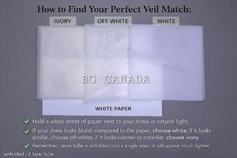 May include: Image showing how to find the perfect veil match. Three fabric swatches labeled Ivory, Off White, and White are displayed. Text advises holding a white paper next to the dress to determine the best veil color. The BG CANADA logo is visible.