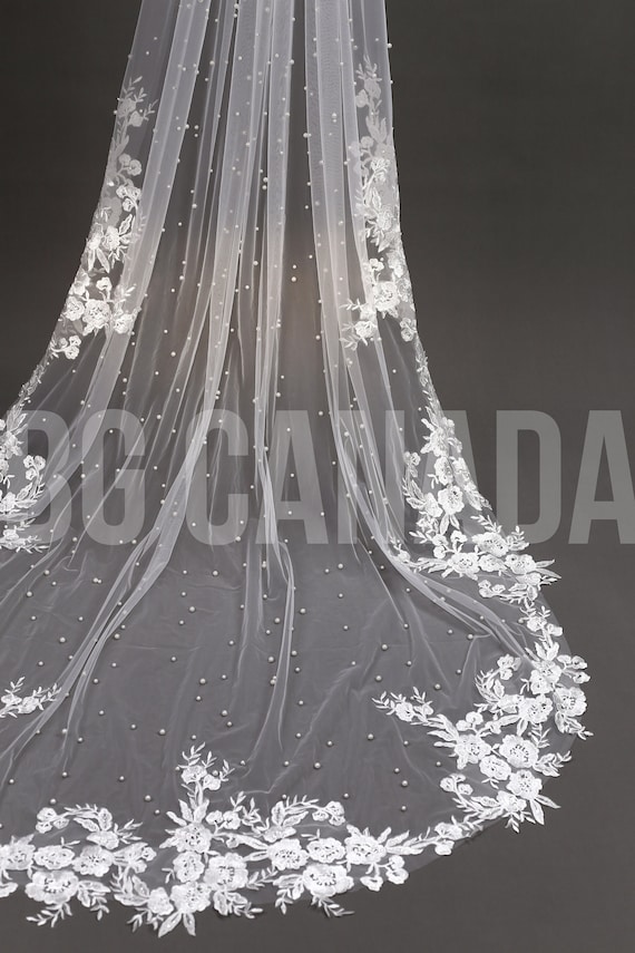 Pearl veil pearl floral wedding veil long veil cathedral wedding veil with lace ivory wedding veil