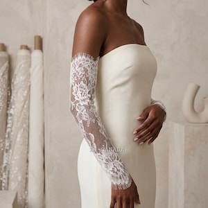 Detachable Lace Bridal Sleeves, Chantilly Lace Fingerless Wedding Gloves, Off Shoulder Bridal Sleeves, Ivory Wedding Dress Sleeves image 8