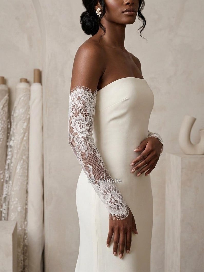 Detachable Lace Bridal Sleeves, Chantilly Lace Fingerless Wedding Gloves, Off Shoulder Bridal Sleeves, Ivory Wedding Dress Sleeves image 8