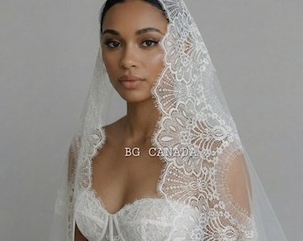 Lace Mantilla Wedding Veil – Scalloped Chantilly eyelash Lace (White, Off White, Ivory)