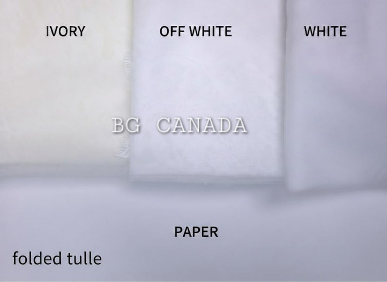 May include: Folded tulle fabric samples in ivory, off-white, and white. The image displays the fabric swatches with the words "IVORY", "OFF WHITE", and "WHITE" above each sample. The text "BG CANADA" is also visible.