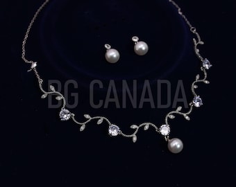 Silver necklace with pearls wedding necklace with pearl drop olive leaf jewellery