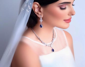 Blue Crystal Bridal Jewelry Set: Silver Necklace, Earrings, Bracelet