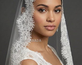 Pearl Studded Mantilla Wedding Veil Cathedral Lace Edge Bridal Veil Scalloped Eyelash Lace Veil Spanish Style Pearl Veil eyelash lace