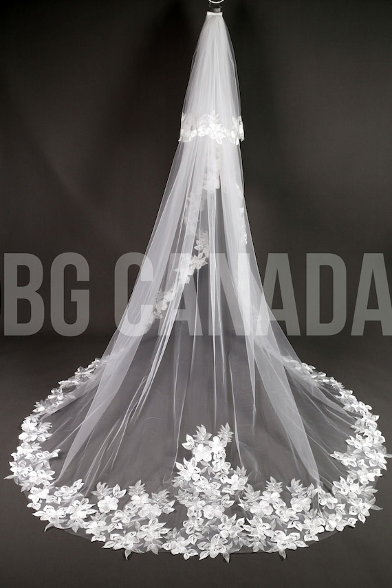 Floral Lace Cathedral Wedding Veil - Elegant Ivory 2-tier  display picture 1