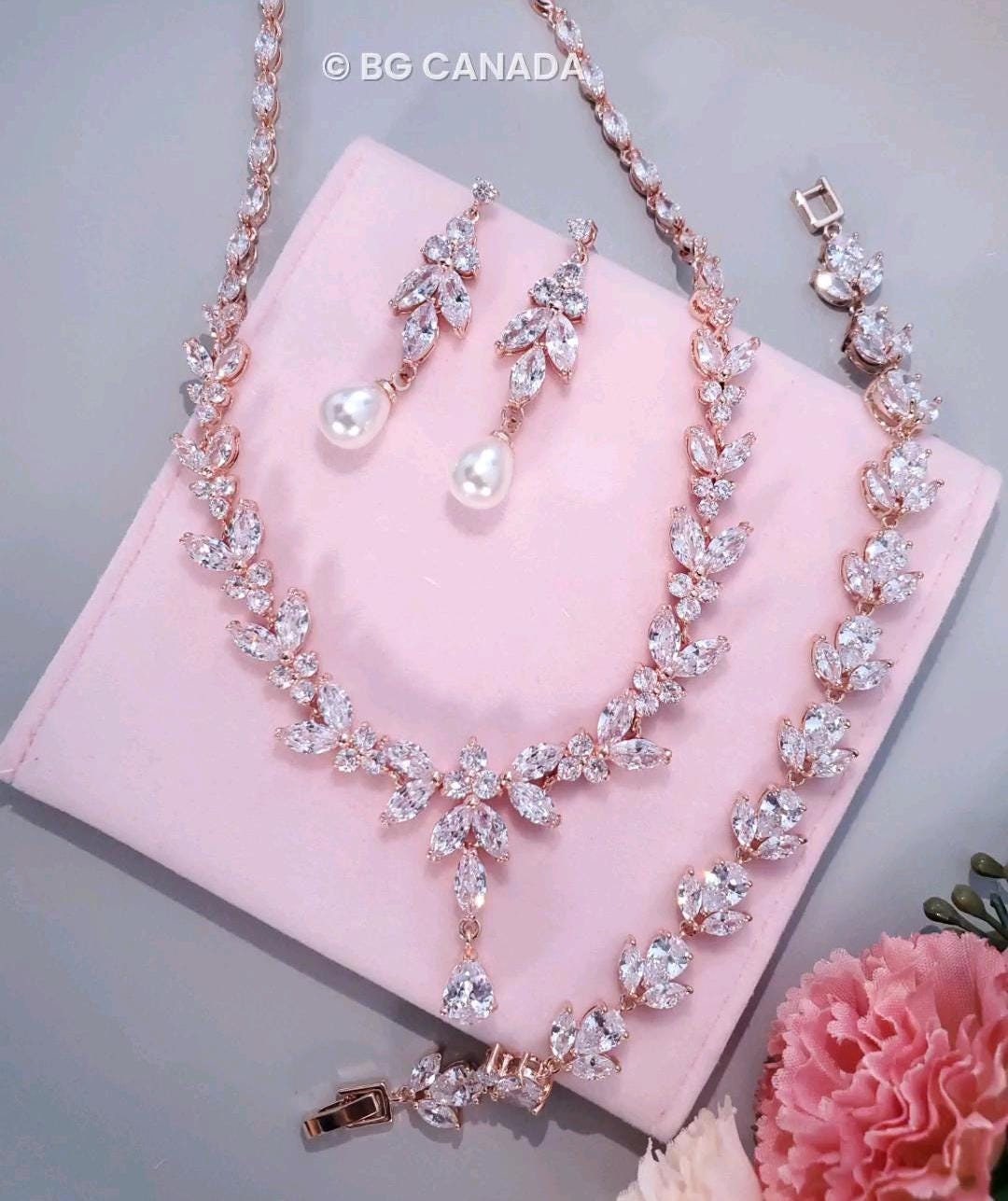 Pearl Drop Earrings CZ Wedding Necklace With Bracelet Bridal