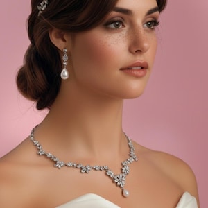 Floral Pearl Bridal Jewelry Set CZ Wedding Necklace & Earrings with pearl drop silver Jewelry Set for brides