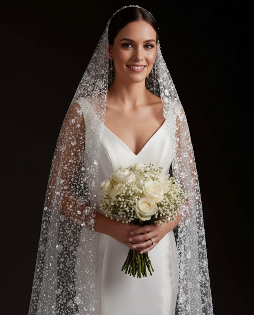 Sequin Cathedral Wedding Veil: Arabic Bridal Mantilla, White  display picture 1