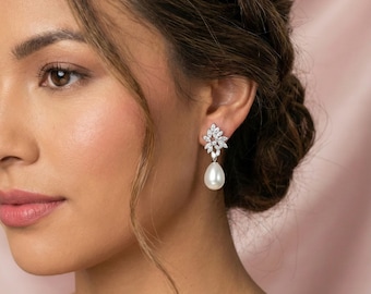 Bridal Teardrop Pearl Earrings • CZ Crystal Drop Earrings • Wedding Jewelry for Bride & Bridesmaids • Elegant Pearl Dangle Earrings • Bridal