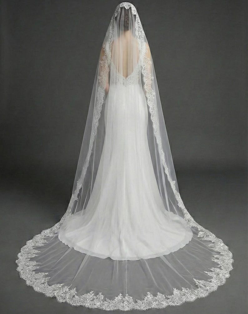 May include: A white wedding dress with a long, flowing train and a sheer veil. The veil is trimmed with delicate lace and drapes over the shoulders and back of the dress. The dress has a low back and a fitted silhouette.