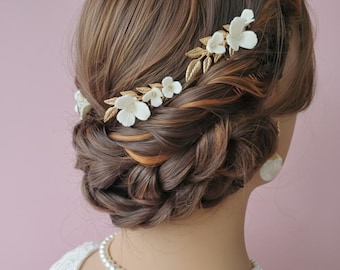 Gold Leaf Bridal Hair Comb set: White Clay Flower Hairpiece for wedding accessories