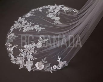 Cathedral Wedding Veil: White Floral Lace Border, Bridal Tulle