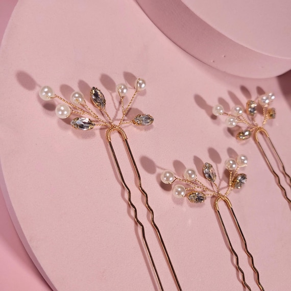 Gold Pearl Hair Pins: Crystal Wedding Hair Accessories, Set  display picture 3