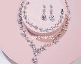 Wedding Necklace bridal jewelry set for brides silver bridal necklace sets  bridal earrings cubic zirconia necklace bridal accessories