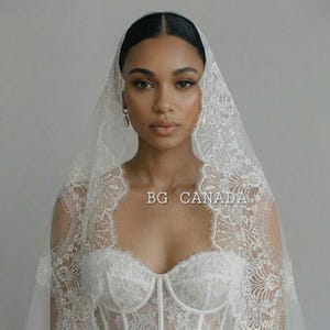 Lace Mantilla Wedding Veil – Scalloped Chantilly eyelash Lace (White, Off White, Ivory) image 2