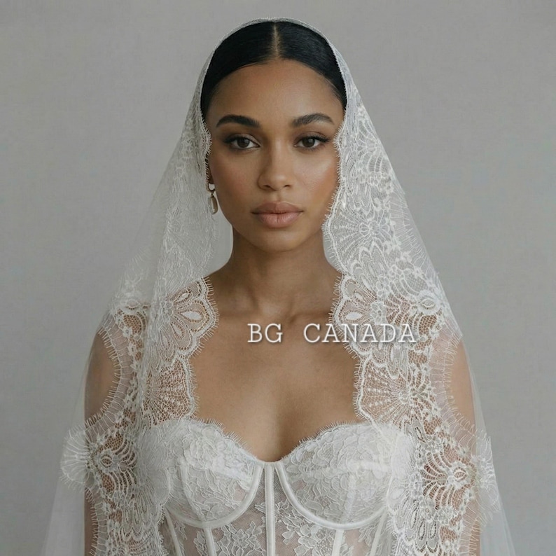 Lace Mantilla Wedding Veil – Scalloped Chantilly eyelash Lace (White, Off White, Ivory) image 2