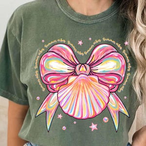 Penseelstreek schelpen coquette strik png, summer vibes png, zomer strandshirt, zomer coquette png, trendy zomerontwerp, girly zomer png