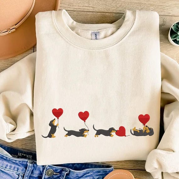 Dachshund With Heart Balloons Embroidery Design, Valentine Dachshund Lover, Valentine's Day Dog Mom, Holiday Sausage Dogs Design, Love Puppy