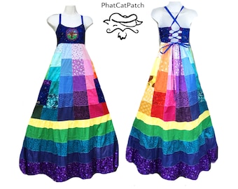 Handmade Hippie Patchwork Rainbow dress, Custom spinner, made to order