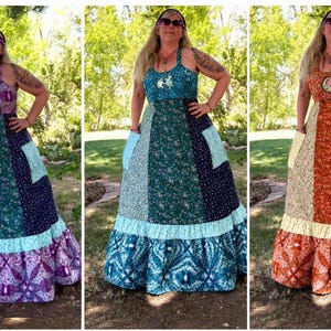 Patchwork Hippie Handmade Calico Old School Dress, Made to order,up to plus size