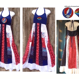 CUSTOM CLOSED, Hippie Patchwork Dress, red white blue, officially licensed patch