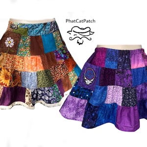 Short Patchwork Hippie Spinner skirt with pockets, Phatcatpatch