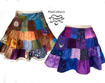 Short Patchwork Hippie Spinner skirt with pockets, Phatcatpatch