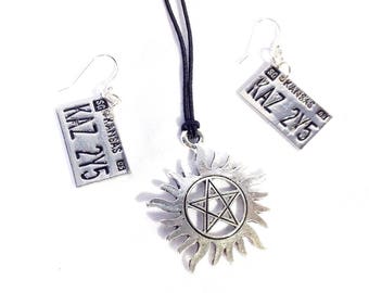 supernatural license plate earrings, anti possession tattoo necklace