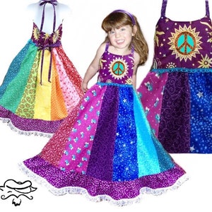 Girls Patchwork Hippie Rainbow Dress, spinner image 3