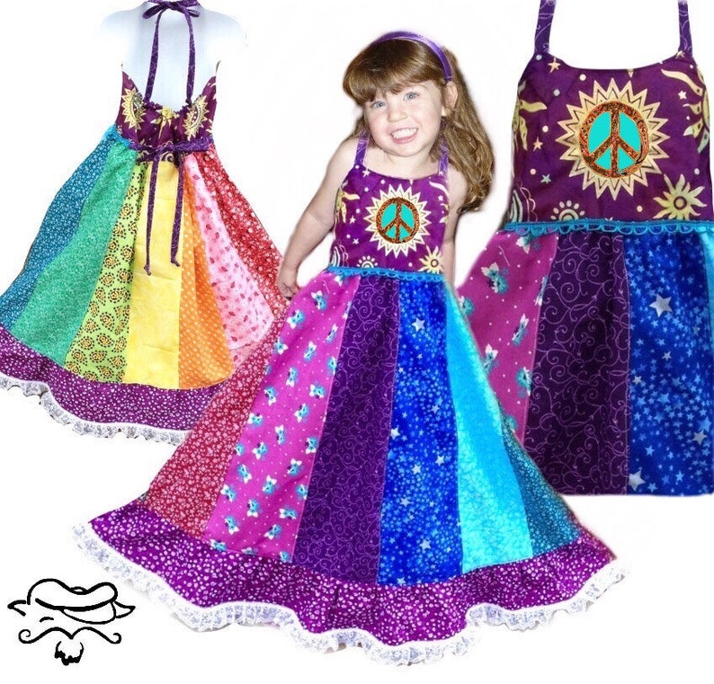 Girls Patchwork Hippie Rainbow Dress, spinner image 3