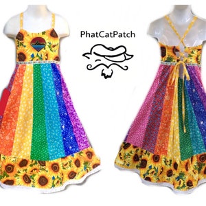 Girls Handmade Hippie patchwork Rainbow Dress, sunflowers, made to order