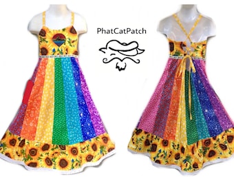 Girls Handmade Hippie patchwork Rainbow Dress, sunflowers, made to order