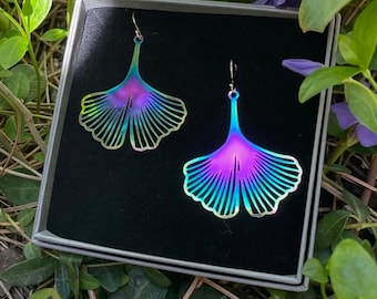 Purple Rainbow Ginko Leaf Earrings, Sterling Silver