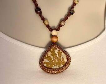 Dendrite Leaf Pendant macramé wrapped and accented with Jasper and wood beads