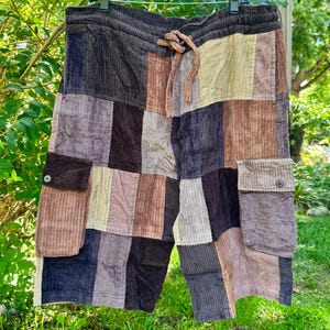 Mens patchwork corduroy hippie shorts, blue tan and green