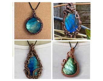 Blue Flash Copper Wrapped Labradorite pendant and macramé necklace