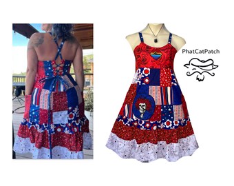 CUSTOM CLOSED, Patchwork Red White and Blue Short Hippie Dress, Custom made
