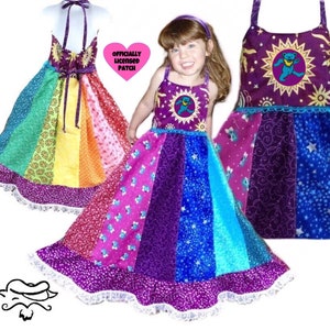 Girls Patchwork Hippie Rainbow Dress, spinner image 1