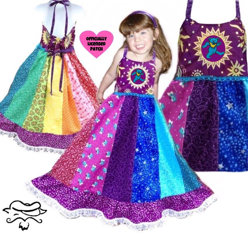 Girls Patchwork Hippie Rainbow Dress, spinner image 1