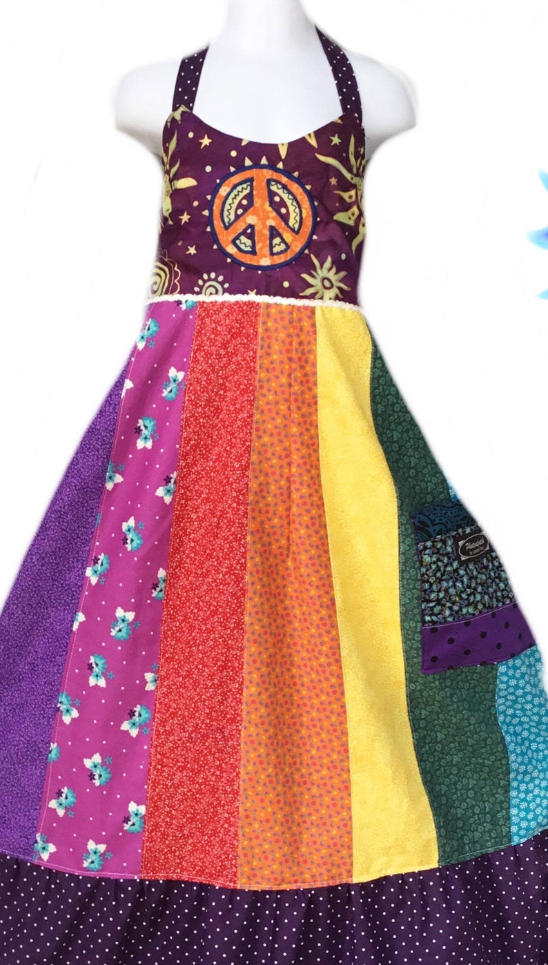 Girls Patchwork Hippie Rainbow Dress, spinner image 7