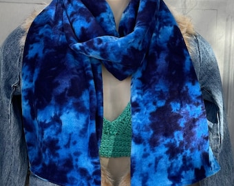 Tie Dye Blue Navy Fleece Scarf, straight or infinity