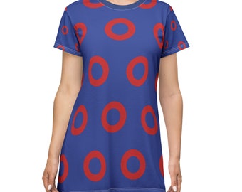Phish Red Doughnut on Blue T-Shirt Dress (AOP)
