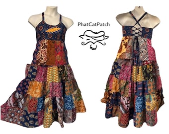 Hippie Patchwork Indian Batik Cotton Skirt And Apron Top Dress, Handmade