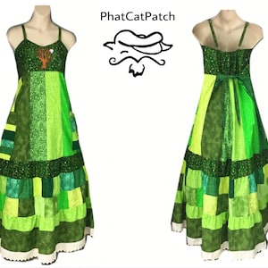 CUSTOM CLOSED, Green Hippie Patchwork Dress, Custom Spinner, made to order