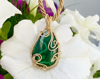 Gold Sterling Silver wire wrapped malachite on gold Necklace cord