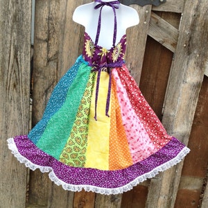 Girls Patchwork Hippie Rainbow Dress, spinner image 2