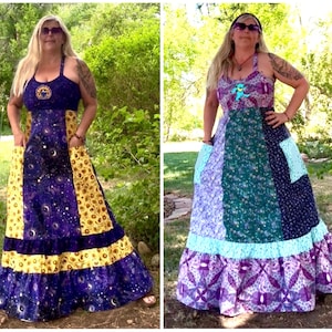 Patchwork Hippie Handmade Calico Old School Dress, Made to order,up to plus size