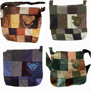 May include: Four corduroy patchwork messenger bags in various colors. Each bag features a different colored patchwork design with a bear graphic on the front flap. The bags have adjustable straps and are displayed against a white background.